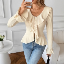 V-Neckline Slim Fit Top featuring Ruffled Design Accents