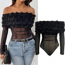 Fashion 3D Floral Off-the-shoulder Long Sleeve Semi-through Bodysuit