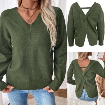 Fashion V-neck Long Sleeve Back Knot Backless Slit Sweater