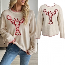 Round Neck Pullover Sweater with Retro Lobster Pattern Design