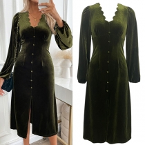 Elegant Wave V-neck Long Sleeve Front Button Slit Velvet Dress