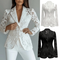 Elegant Notch Lapel Long Sleeve Floral Jacquard Lace Blazer with Lined