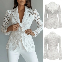 Elegant Notch Lapel Long Sleeve Floral Jacquard Lace Blazer with Lined