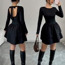 Fashion Crew Neck Long Sleeve Tiered Backless Mini Dress