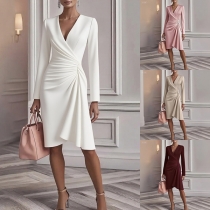 Elegant V-neck Long Sleeve Ruched Dress