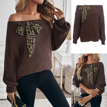 Fashion Off-the-shoulder Long Sleeve Sweater with Leopard Printed Bowknot