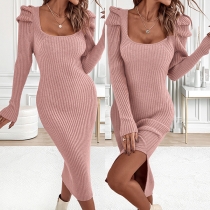 Fashion Square Neck Puff Long Sleeve Side Slit Bodycon Ribbed Dress
