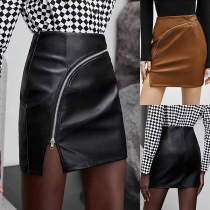 Solid Color PU Leather Skirt with Waist-Hugging Fit and Zippered Slit Detail