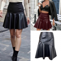 High Waist PU Leather Skirt with Pleated Design