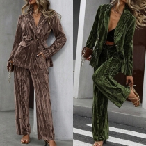 Retro Style Flannel Suit Set with Lapel Double-breated Blazer and Wide-Leg Pants
