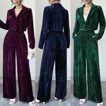 Short Jacket and Wide-Leg Pants Suit in Pleated Flannel