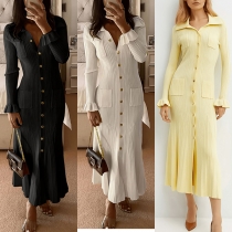 Long Sleeve Knitted Maxi Dress with Lapel and Flared Cuffs