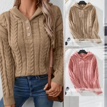 Retro Style Cable Knit Hooded Sweater featuring Thick Knit and Button Accents