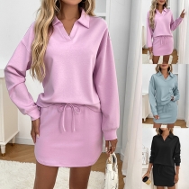 Fashion Sporty Two-piece Set Consist of V-neck Sweatshirt and Drawstring Mini Skirt with Side Pockets