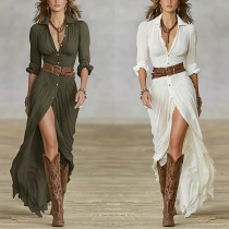 Retro Style Long Sleeve Dress with V-Neckline Pleated Waist and Side Slit