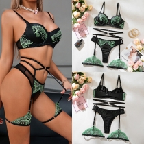 Three-Piece Lingerie Set featuring Floral Embroidery and PU Leather Design