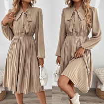 Long Sleeve Pleated Dress with Bow Tie Neck