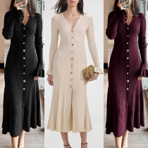 Slim Fit V-Neck Knitted Dress with Long Trumpet Sleeves