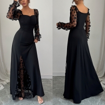 Long Sleeve Dress with Mesh Flower Detail on Sleeves