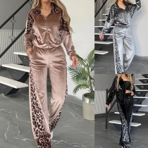 2-Piece Loungewear Set with Leopard Print Contrast Long Sleeve Top and Trousers