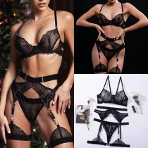 Two-Piece Embroidered Mesh Lingerie Set with Matching Stockings