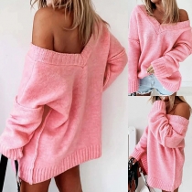Casual Off-Shoulder V-Neck Pullover Sweater