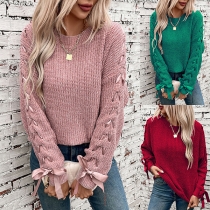 Fashion Crew Neck Lace-up Long Sleeve Knitted Sweater