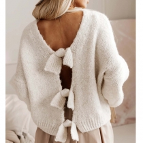 Fashion Crew Neck Long Sleeve Backless Bowknot Loose Sweater