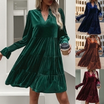 Fashion V-neck Long Sleeve Tiered Velvet Dress