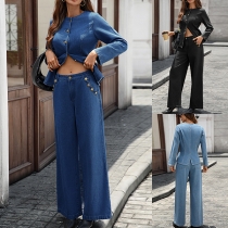 Slim-Fit Denim Jacket and Trousers Two-Piece Set