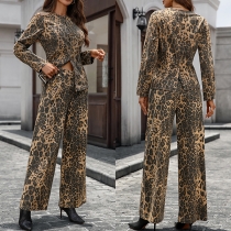 Two-Piece Leopard Print Suit with Slim-Fit Jacket and Wide-Leg Pants