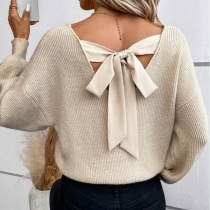 Long Sleeve V-Neck Sweater featuring Back Bow Design