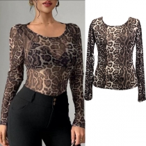 Leopard Print Mesh T-Shirt with Long Sleeves and Slim-Fit Round Neck Design