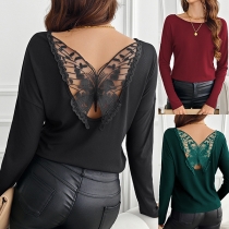 Long Sleeve T-Shirt with Back Butterfly Decoration