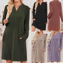 Loose V-Neck Long Sleeve Flared Dress