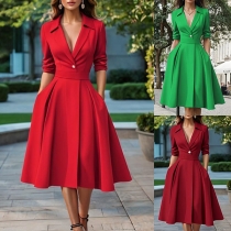 Elegant Notch Lapel V-neck Elbow Sleeve High-rise Midi Dress