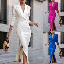 Elegant Solid Color Lapel V-neck Long Sleeve High-rise Side Slit Dress