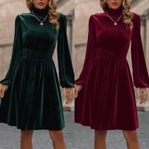 Fashion Solid Color Mock Neck Long Sleeve Smocked Waist Velvet Dress
