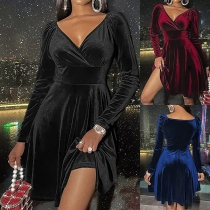 Fashion Solid Color V-neck Long Sleeve High-rise Mini Dress