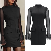 Elegant Mock Neck Gauze Spliced Long Sleeve Bodycon Dress