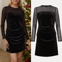 Fashion Mesh-net Spliced Crew Neck Long Sleeve Velvet Bodycon Dress