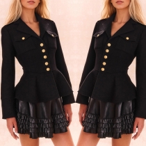 Vintage Notch Lapel Long Sleeve Front Button Ruffle Hemline Jacket