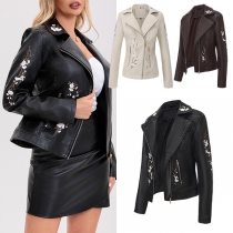 Street Fashion Floral Embroidery Notch Lapel Long Sleeve Slant Zipper Artificial Leather PU Jacket