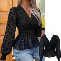 Elegant Floral Jacquard V-neck Long Sleeve Smocked Waist Black Shirt