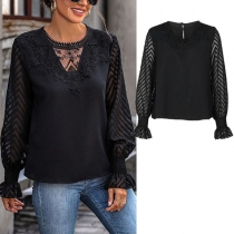 Fashion Lace Spliced Crew Neck Long Sleeve Shirt