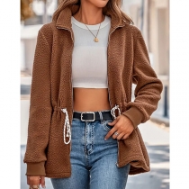 Fashion Solid Color Stand Collar Long Sleeve Drawstring Waist Plush Jacket