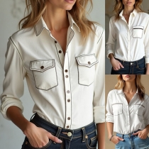 Vintage Stand Collar Long Sleeve Front Button Blouse