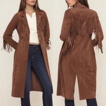Vintage Notch Lapel Long Sleeve Front Button Tassel Jacket