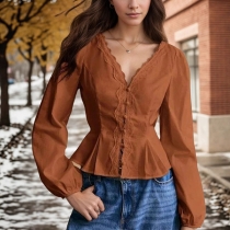 Vintage Front Lace Spliced V-neck Long Sleeve Self-tie Shirt