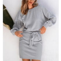 Fashion Crew Neck Long Sleeve Self-tie Ribbed Dress